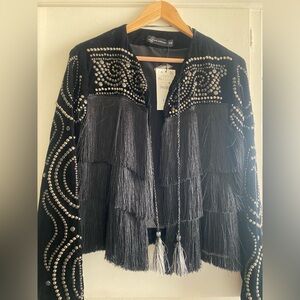 Zara Black Studded Fringe cropped jacket Blazer XL NEW!